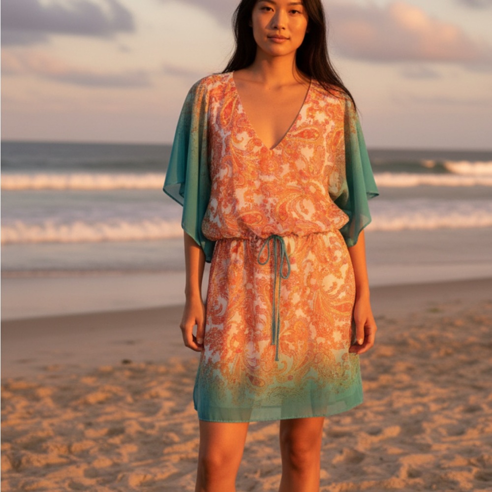 Vibrant Paisley Dress with Sheer Sleeves